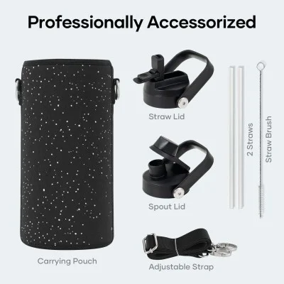 Buzio Duet Series Water Bottle with 2 Lids and Sleeve 1L - Starry Black